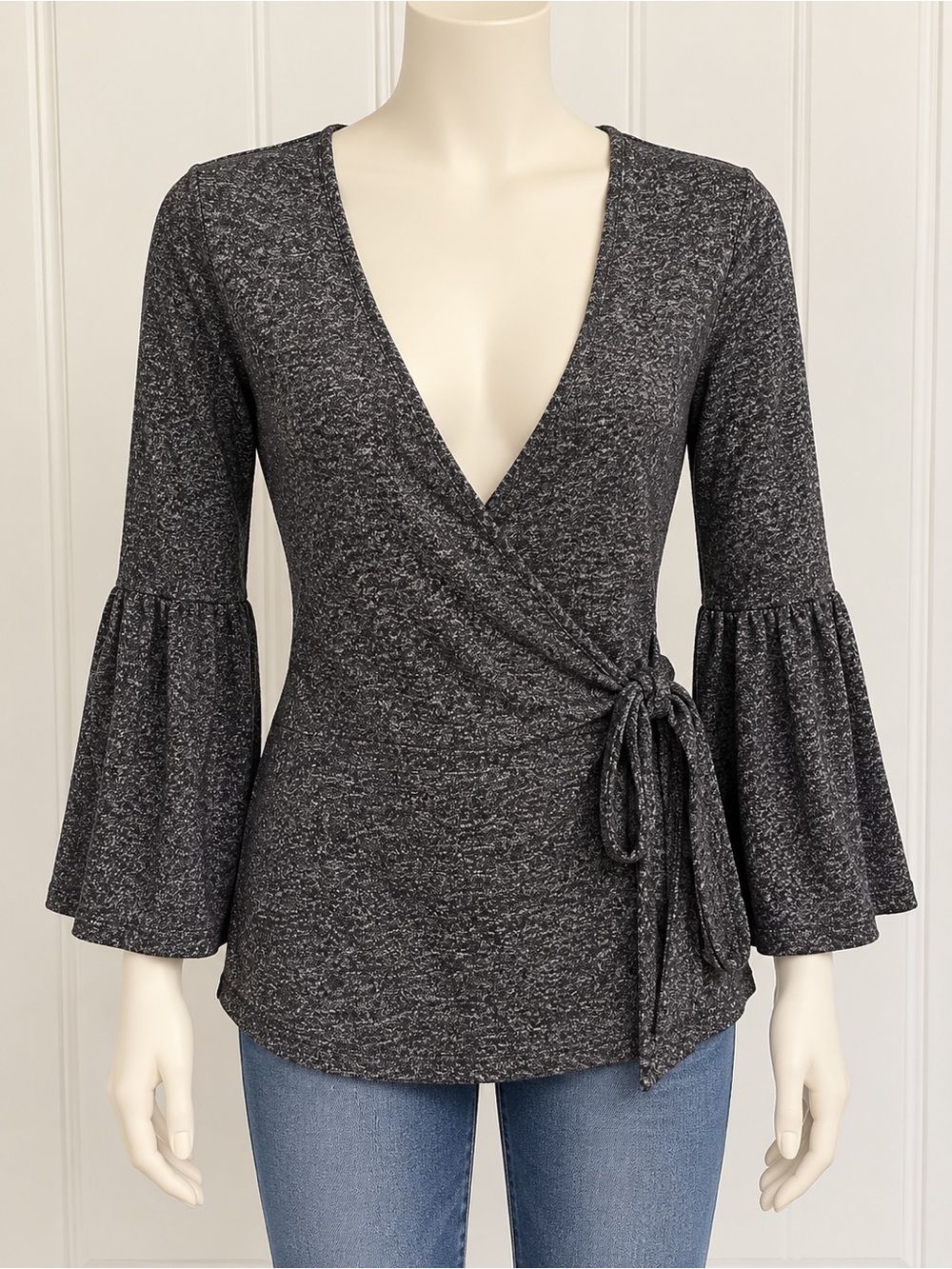 Maurices Charcoal Gray Wrap Blouse with Bell Sleeves